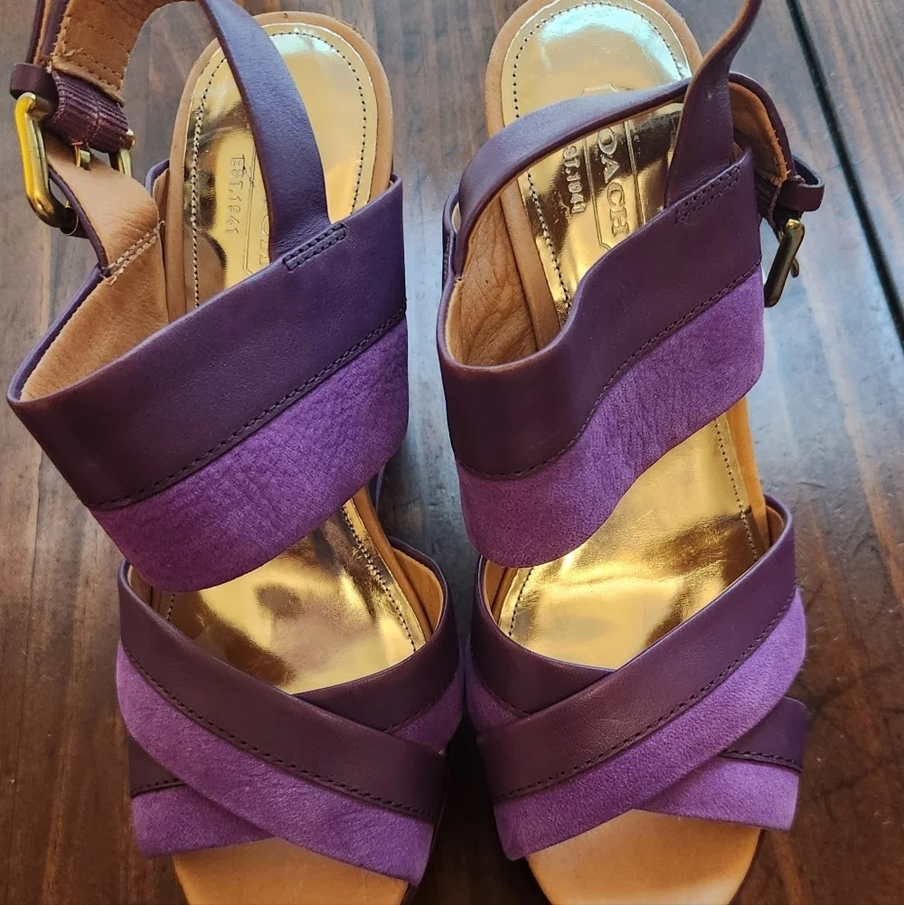 Coach Purple Suede & Leathet Wedge Heel Sandals Sz 6